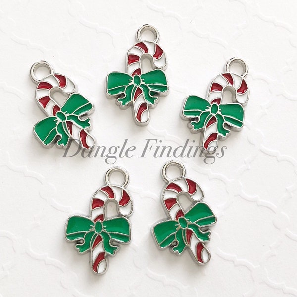 5 Candy Cane Charms, Christmas, Holiday, Enamel, Red and Green, DIY Jewelry, Xmas, HOL084