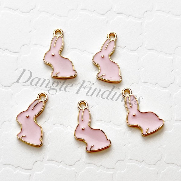 10 Rabbit Charms, Small, Easter Bunny, Pink Enamel, Baby Shower, Party Favors, DIY Jewelry, 17mm, HOL028