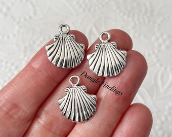10, 20, or 40 Scallop Shell Charms, Silver Seashells, Beach Theme Jewelry, 18mm