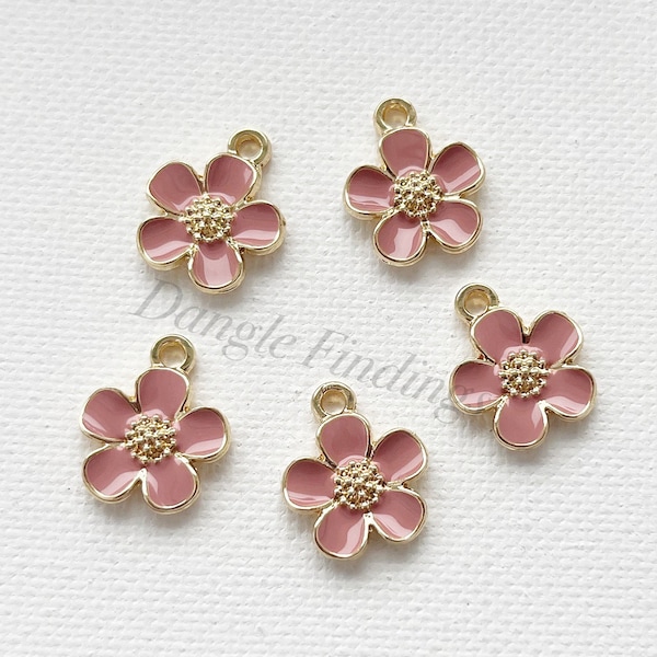 10 Flower Charms, Pink, Mauve, Small, Pretty, Bracelet, Diy, Jewelry, Enamel, Floral, 16mm, GTP070