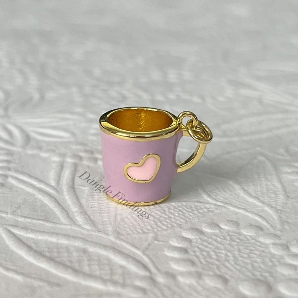 Coffee Cup Heart Charm Enamel Jewelry for Bracelets or Necklace, Purple Teacup, 17mm, GTP082