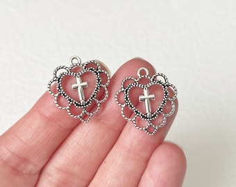10 Filigree Heart Charms with Cross, DIY Necklace and Bracelet Jewelry, 22mm, SP009