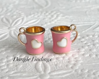 2 Heart Coffee Mug Charms, Pink and White Enamel, DIY Necklace and Bracelet Jewelry, 14mm, GTP030