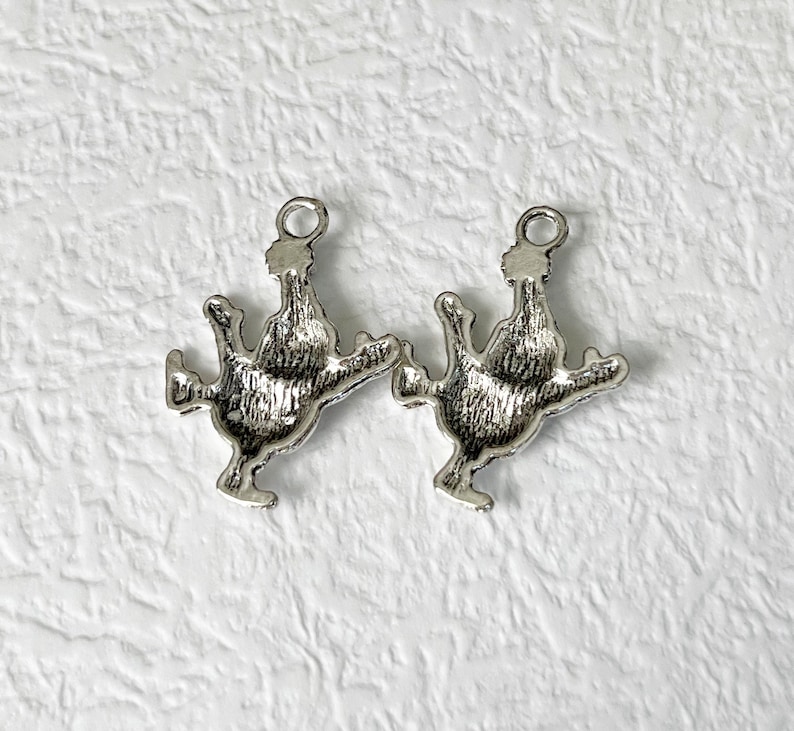 May include: Two silver charm pendants in the shape of a rooster, each with a loop at the top for attaching to a chain or bracelet.
