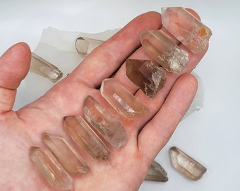 May include: A collection of smoky quartz crystal points in various sizes and shapes. The crystals are translucent and have a light brown color.