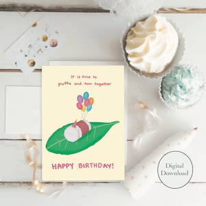 Cartão comemorativo para impressão de feliz aniversário Puttu 5x7 ”- download digital, piada de trocadilho de comida do sul da Ásia, Sri Lanka, ilustração indiana, presente fofo