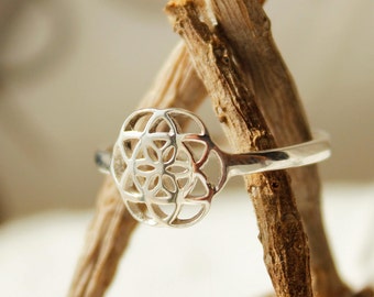 Semilla de vida anillo delgada anillo de plata Mandala anillo Sri yantra anillo geometría sagrada anillo de yoga anillo Fower de anillo de vida festival anillo discreto