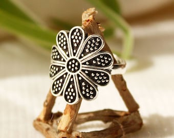 Adjustable Silver Plated Flower Ring: Ethnic Tribal Boho Jewelry
