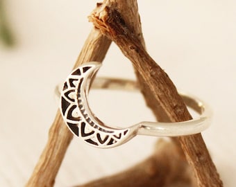 Sterling Silver Moon Ring: Tribal Boho Stacking Jewelry