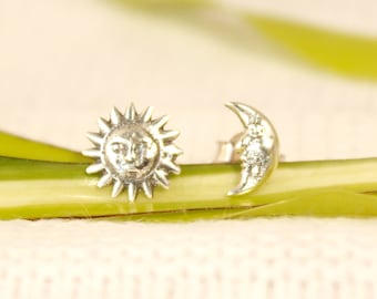 Sterling Silver Sun and Moon Stud Earrings: Celestial Jewelry