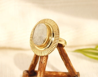 Brass Moonstone Ring: Adjustable Ethnic Statement Ring