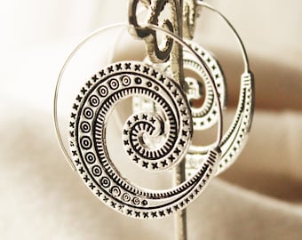 Silver Plated Spiral Hoop Earrings: Tribal Boho Jewelry