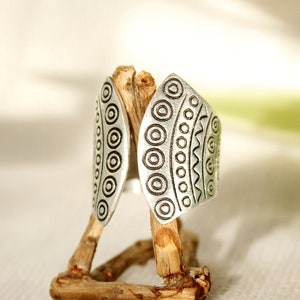 Adjustable Silver Plated Tribal Ring: Engraved Boho Cuff