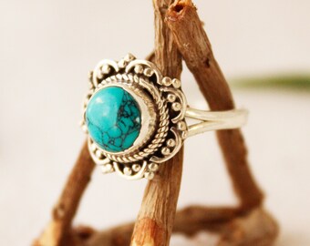Turquoise ring flower in Sterling silver ring with blue stone ring ethnic ring cute ring silver tribal ring boho ethnic december birthstone