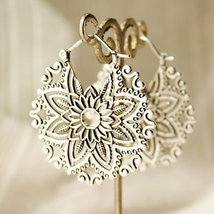 Tribal earrings flower Mandala earrings bohemian earrings boho earrings big silver hoops silver earrings boho jewelry ethnic earrings creole