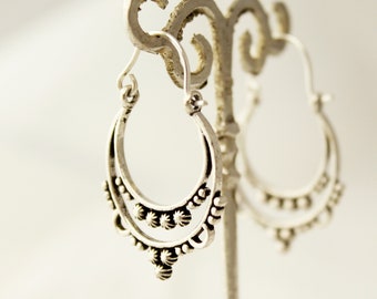 Silver Plated Bohemian Hoop Earrings, Tribal Dangle Jewelry