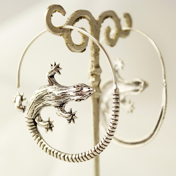 Boucles d'oreilles gecko Bijoux salamandre Boucles d'oreilles salamandre Bijoux gecko Boucles d'oreilles reptile Bijoux lezard creole argent