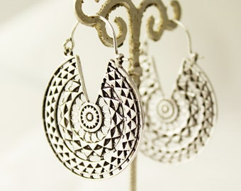 Silver Plated Ethnic Hoop Earrings, Tribal Bohemian Jewelry