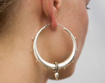 Sterling Silver Tribal Hoop Earrings: Large Creole Spike Earrings