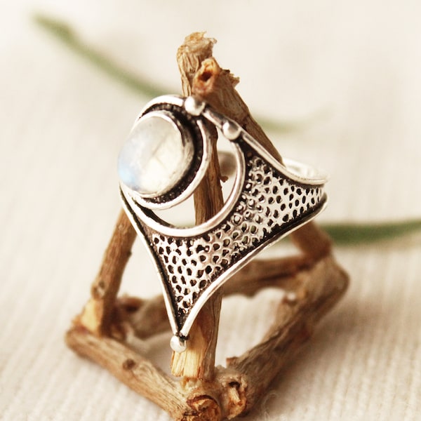 Bague Pierre De Lune Naturelle Argent Sterling Taille Réglable