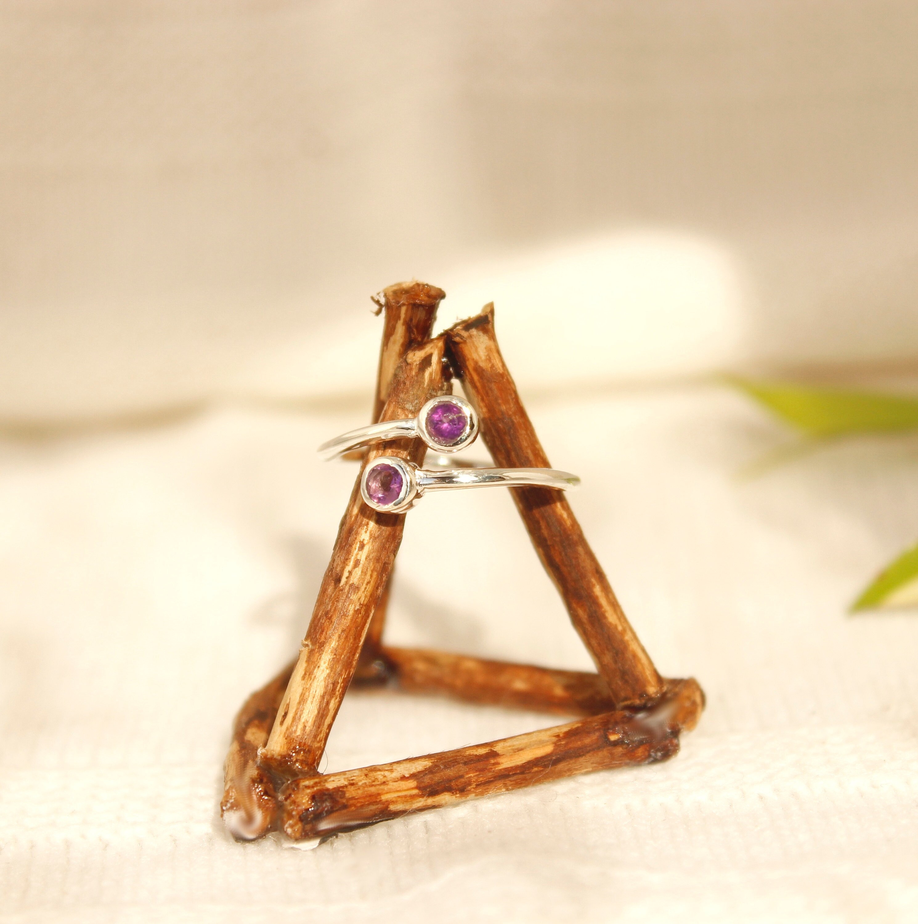 Twisted Sterling Silver Ring with Amethyst - Adjustable Gemstone Ring