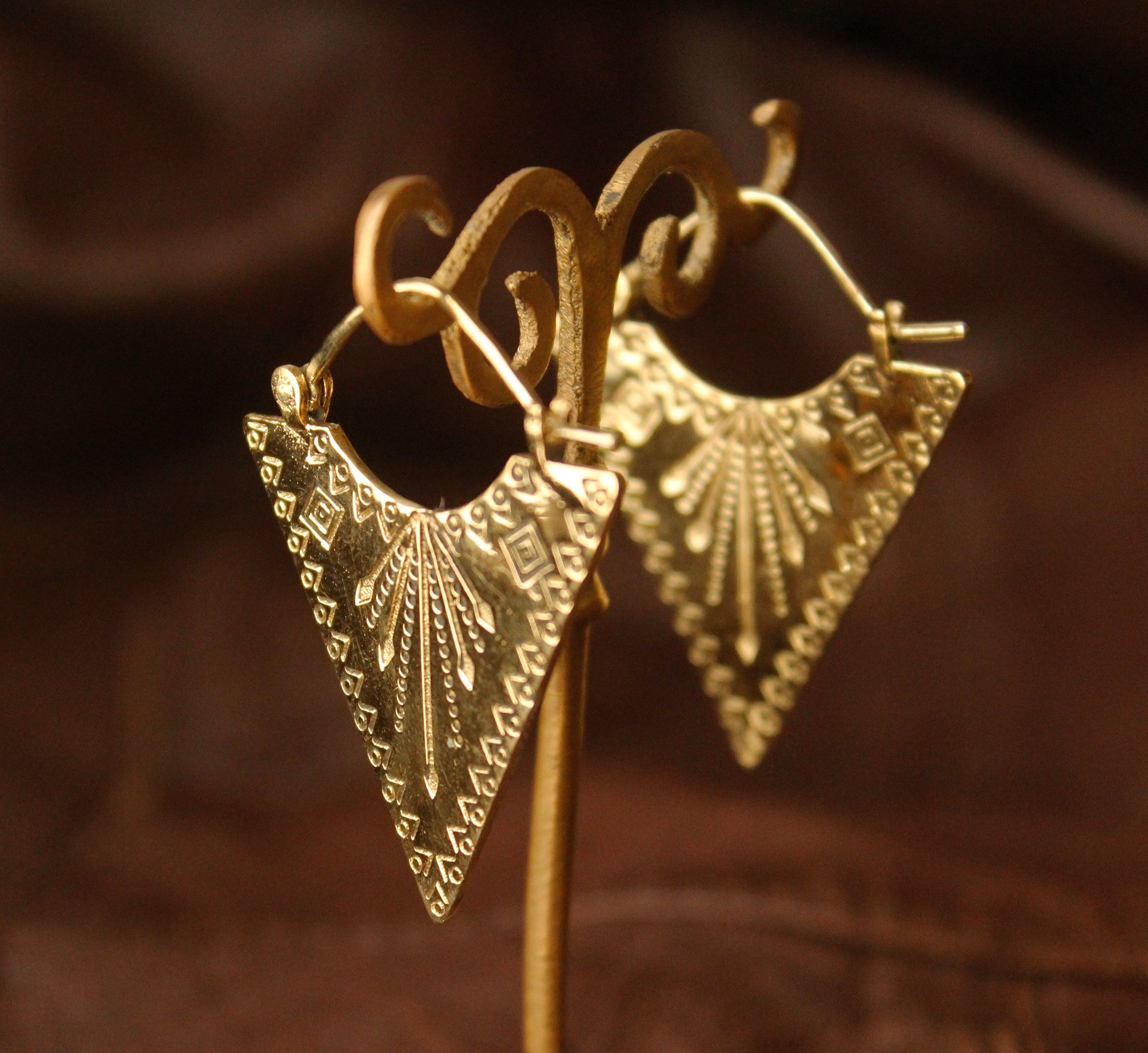 Tribal Brass Triangle Earrings, Engraved Gypsy Jewelry - Etsy