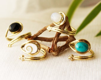 Moonstone wrap ring turquoise ring adjustable black stone ring in brass ring thin gold ring with stone shiva eye ring thumb cuff ring boho