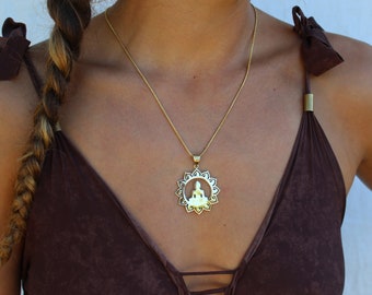 Brass Buddha Pendant Necklace: Boho Meditation Jewelry