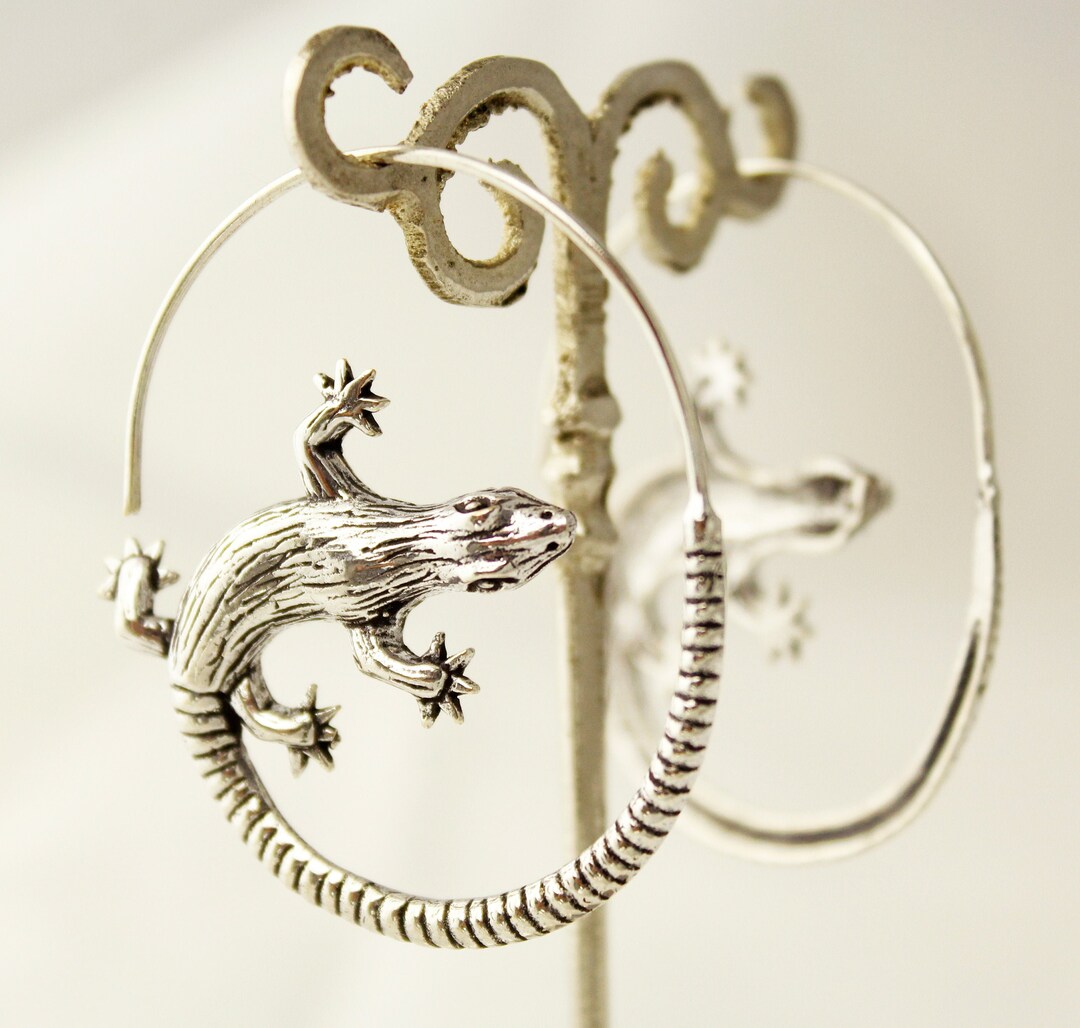 Gecko Earrings Lezard Earrings Salamander Earrings Big Silver Earrings Lezard Jewelry Reptile