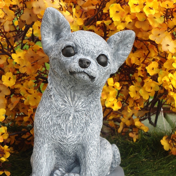 Chihuahua Concrete Dog statue figurine painted in grays, outdoor use memory garden, pet loss memorial, chi-dog lovers gift