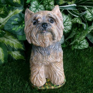 Yorkshire Terrier Statue 4 x 8 x 9" high, and Cast in fine grained white concrete, This high detail piece is Mini-Me painted (Per your photos) as a loving reminder of a best friend that had to leave too soon.  weighs nearly 8 lbs