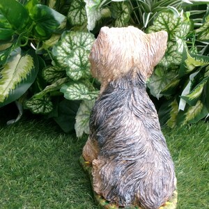 Yorkshire Terrier Statue 4 x 8 x 9" high, and Cast in fine grained white concrete, This high detail piece is Mini-Me painted (Per your photos) as a loving reminder of a best friend that had to leave too soon.  weighs nearly 8 lbs