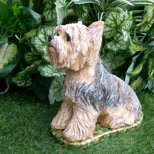 Yorkshire Terrier Statue 4 x 8 x 9" high, and Cast in fine grained white concrete, This high detail piece is Mini-Me painted (Per your photos) as a loving reminder of a best friend that had to leave too soon.  weighs nearly 8 lbs
