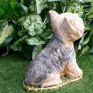 Yorkshire Terrier Statue 4 x 8 x 9" high, and Cast in fine grained white concrete, This high detail piece is Mini-Me painted (Per your photos) as a loving reminder of a best friend that had to leave too soon.  weighs nearly 8 lbs