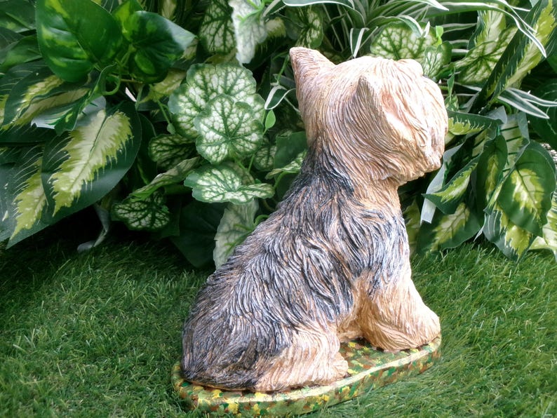 Yorkshire Terrier Statue 4 x 8 x 9" high, and Cast in fine grained white concrete, This high detail piece is Mini-Me painted (Per your photos) as a loving reminder of a best friend that had to leave too soon.  weighs nearly 8 lbs
