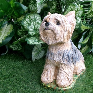 Yorkshire Terrier Statue 4 x 8 x 9" high, and Cast in fine grained white concrete, This high detail piece is Mini-Me painted (Per your photos) as a loving reminder of a best friend that had to leave too soon.  weighs nearly 8 lbs