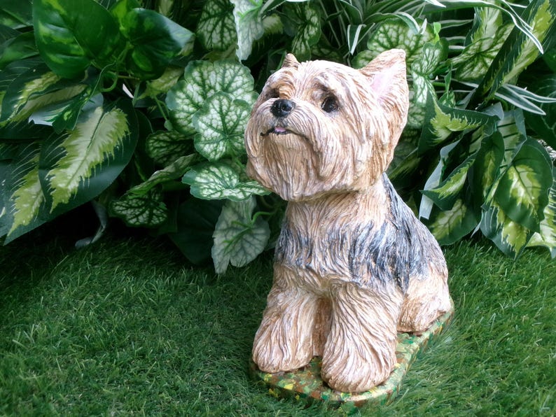 Yorkshire Terrier Statue 4 x 8 x 9" high, and Cast in fine grained white concrete, This high detail piece is Mini-Me painted (Per your photos) as a loving reminder of a best friend that had to leave too soon.  weighs nearly 8 lbs