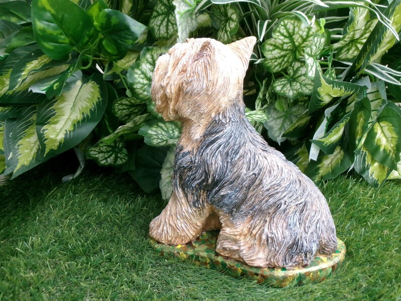Yorkshire Terrier Statue 4 x 8 x 9" high, and Cast in fine grained white concrete, This high detail piece is Mini-Me painted (Per your photos) as a loving reminder of a best friend that had to leave too soon.  weighs nearly 8 lbs