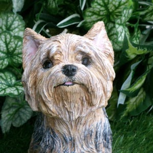 Yorkshire Terrier Statue 4 x 8 x 9" high, and Cast in fine grained white concrete, This high detail piece is Mini-Me painted (Per your photos) as a loving reminder of a best friend that had to leave too soon.  weighs nearly 8 lbs