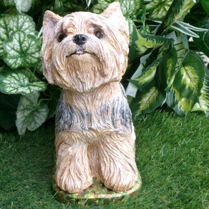 Yorkshire Terrier Statue 4 x 8 x 9" high, and Cast in fine grained white concrete, This high detail piece is Mini-Me painted (Per your photos) as a loving reminder of a best friend that had to leave too soon.  weighs nearly 8 lbs
