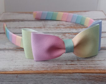 Pastel Rainbow Bow on Headband, Spring Headbands School Headbands, Easter Headbands, Ombre Rainbow Headband, Toddler, Girl Hard Headband