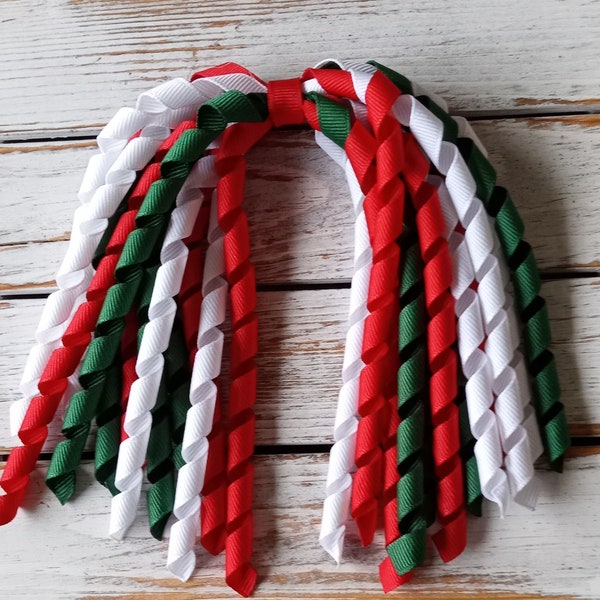 Christmas Korker Hair Bows, Red, Green, White Korker Hair Streamer, Pigtail Hair Ties, Korker Ponytail Hair Tie, Cheer Hair Ties