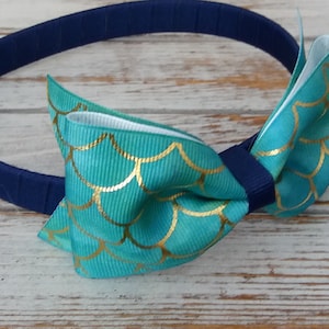 Mermaid Headband Sparkle Mermaid Hair Bow Hard Headband Double Tuxedo Hair Bow Big Girl Headbands School Headbands Green Mermaid Scales Bow