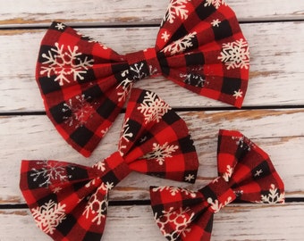 Buffalo Plaid Snowflake Hair Bow, Christmas Fabric Hair Bow, Cotton Fabric Hair Bow, Holiday Hair Bow, Red, Black snowflake Fabric Hair Bow