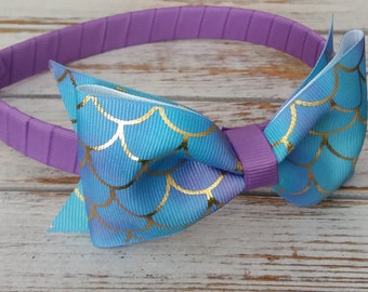 Mermaid Scales Hair Bow Headband: Purple, Blue & Gold Tuxedo Bow