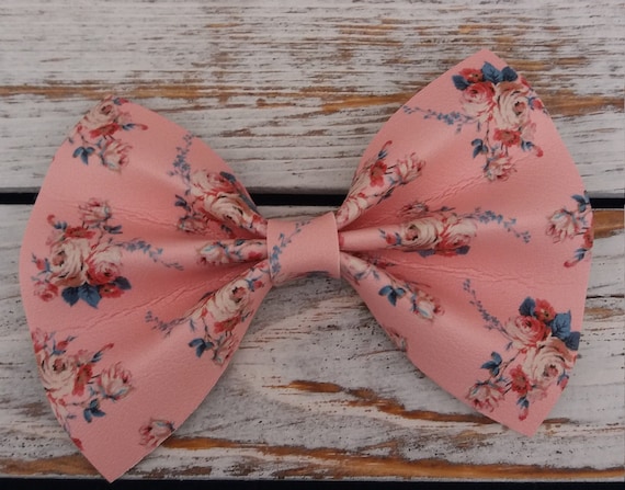 Pink Floral Faux Leather Hair Bow, Alligator Clip or  display picture 1