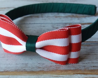 Christmas Hard Headband, Red, White, and Green Holiday Headband, Big Girl Headbands, Toddler Headbands, Red and White Stripe Bow Headband