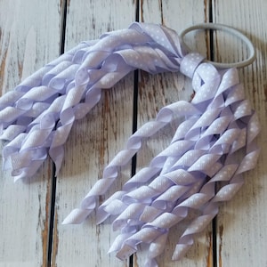 Spiral Korker Hair Bow, Korker Hair Tie, Streamer Hair Bow, Lavender Swiss Dot Hair Tie, Curly Ponytail Holder