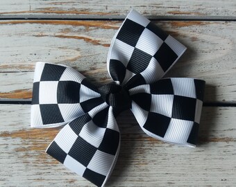 Checker Flag Hair Bow, Racing Hair Bow, Black and White Racing Headband, Nylon Headband, Toddler Hair Bows, 4 inch Bows, 3 inch Bows