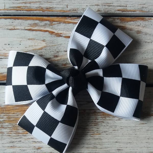 Checker Flag Hair Bow, Racing Hair Bow, Black and White Racing Headband, Nylon Headband, Toddler Hair Bows, 4 inch Bows, 3 inch Bows